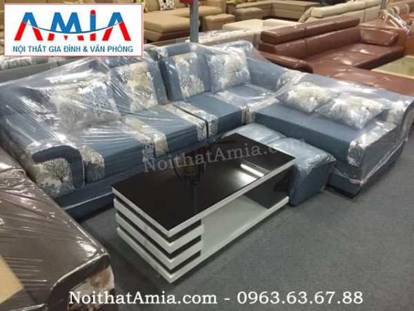 Hình ảnh cho sofa nỉ bộ góc màu xanh họa tiết hoa lá SFN068