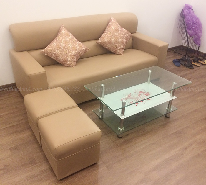 Hình ảnh Mẫu sản phẩm ghế sofa văng da đẹp kết hợp bàn trà kính đẹp