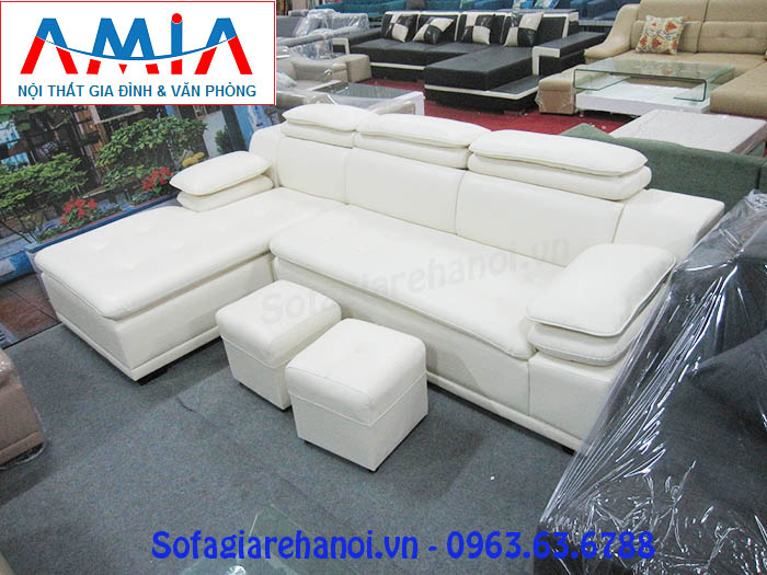 Hình ảnh cho ghế sofa da góc chữ L màu trắng hiện đại và trẻ trung với thiết kế rút khuy độc đáo
