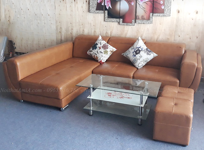 Hình ảnh Ghế sofa đẹp da góc chữ L chụp tại Tổng kho Nội thất AmiA