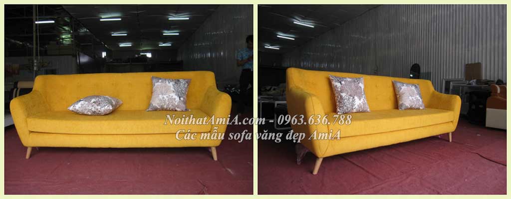 Hình ảnh Ghế sofa văng đẹp màu vàng với thiết kế rút khuy gần giống mẫu 095