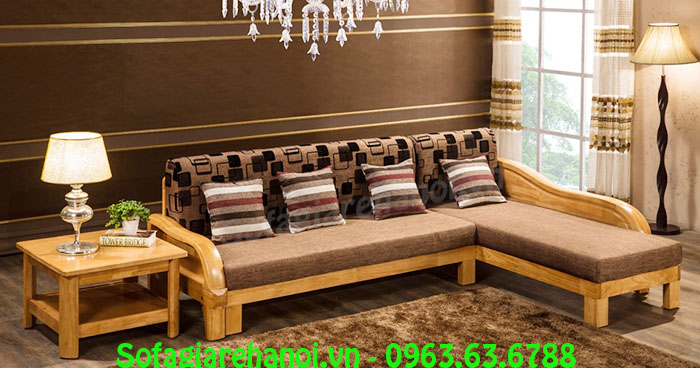 Hình ảnh mẫu ghế sofa chữ L gỗ tích hợp phần nệm êm ái cho không gian căn phòng khách đẹp