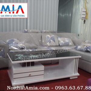 Hình ảnh cho mẫu bàn trà gỗ màu trắng mặt kính đen kết hợp sofa nỉ đẹp