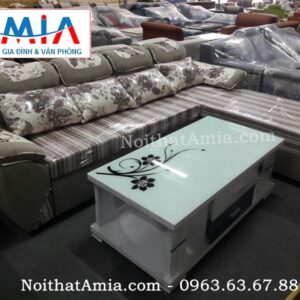 Hình ảnh cho mẫu bàn trà mặt kính hiện đại kết hợp cùng ghế sofa nỉ đẹp