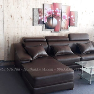 Hình ảnh Bộ ghế sofa da chữ L đẹp màu nâu sang trọng