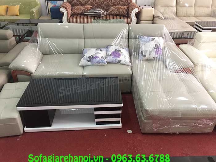 Hình ảnh mẫu sofa da chữ L đẹp với thiết kế ốp gỗ và rút khuy độc đáo