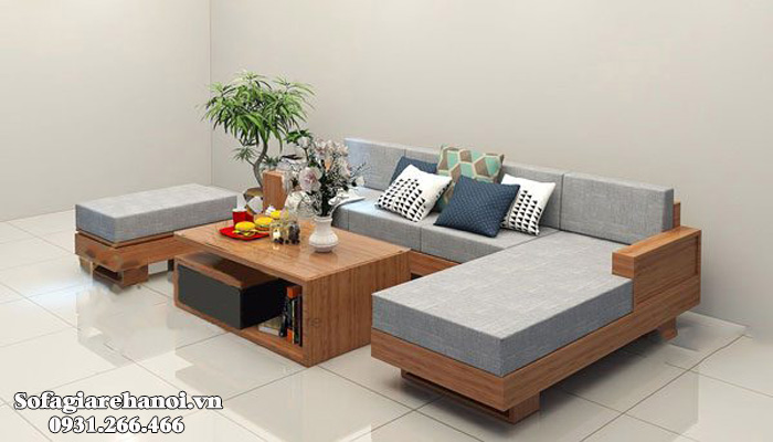 Hình ảnh Bộ ghế sofa gỗ góc đẹp hiện đại tích hợp phần đệm nỉ