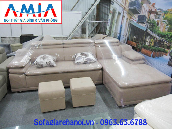 Hình ảnh cho ghế sofa da góc chữ L màu nâu nhạt hiện đại và sang trọng