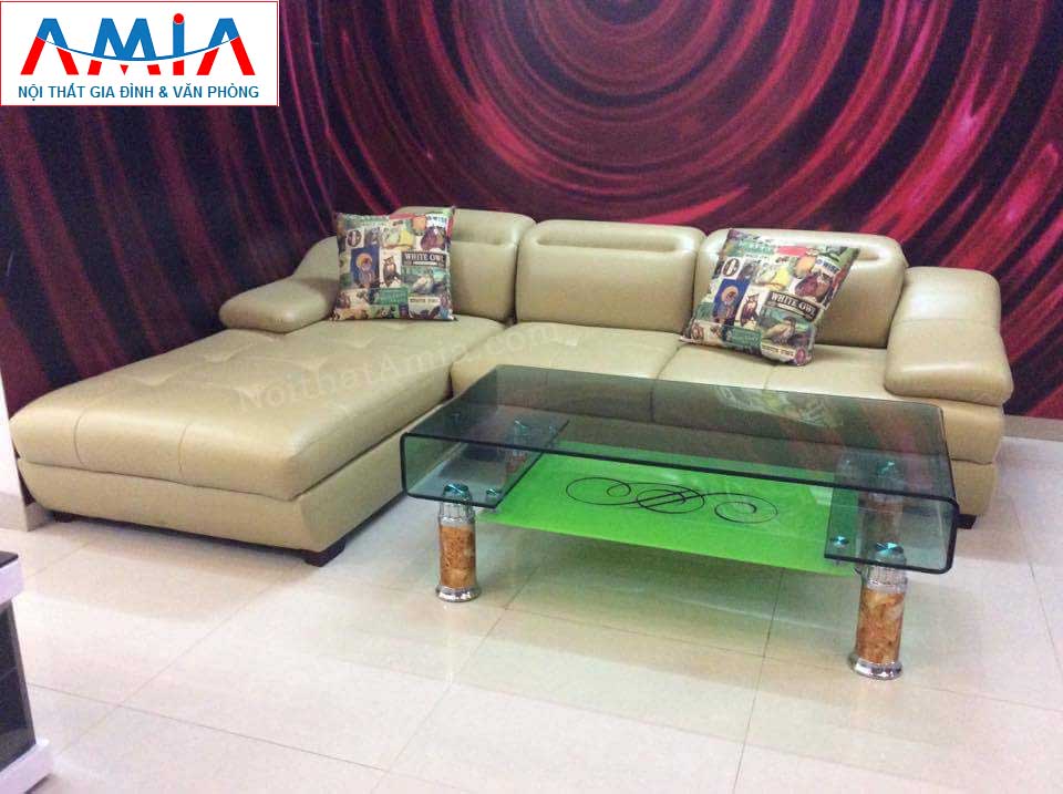 Hình ảnh cho mẫu ghế sofa da góc chữ L với gam màu kem hiện đại , trẻ trung