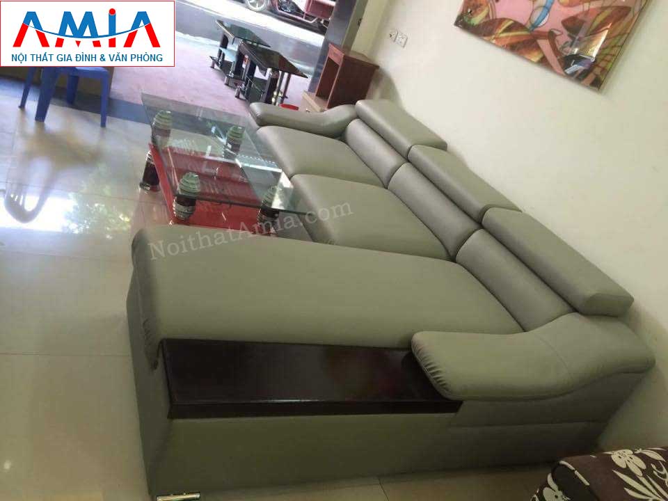 Hình ảnh cho mẫu ghế sofa da góc chữ L tay vịn gỗ AmiA SFD098 đẹp hiện đại