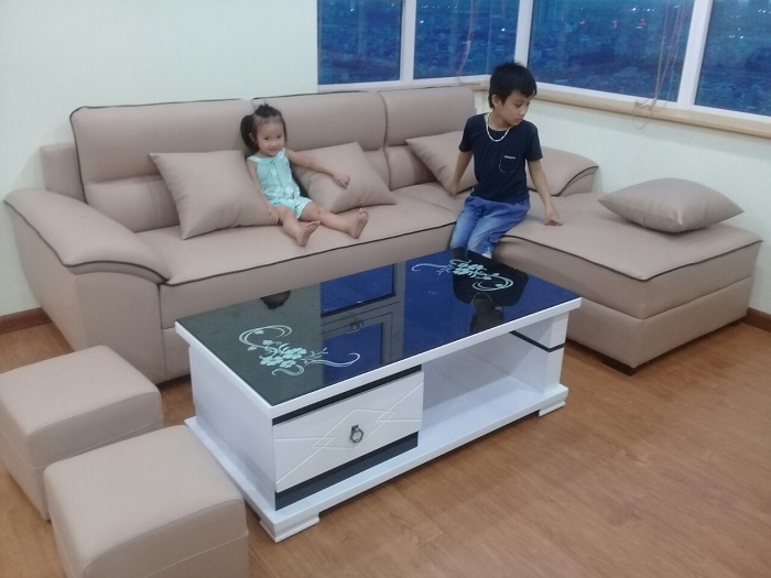 Hình ảnh bàn ghế phòng khách cho nhà chung cư đẹp hiện đại với thiết kế sofa da góc chữ L