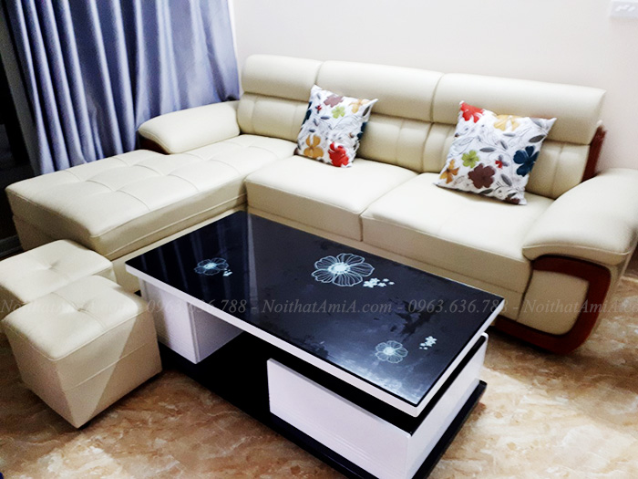 Hình ảnh Ghế sofa đẹp da góc chữ L với tay ốp gỗ độc đáo và mới lạ