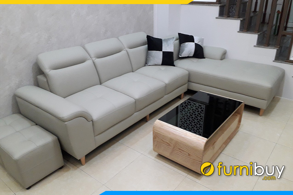 Ghế sofa góc chữ L bọc da màu be kem có tay tựa thoải hướng da ngoài độc đáo