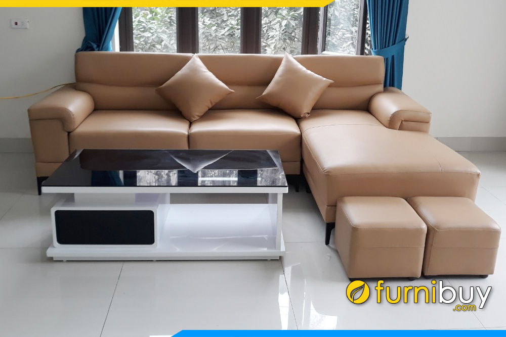 Ghế sofa da dạng góc chữ L màu nâu hiện đại và bàn trà