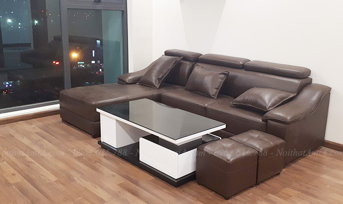 Hình ảnh bộ ghế sofa đẹp da góc chữ L cho phòng khách nhà chung cư