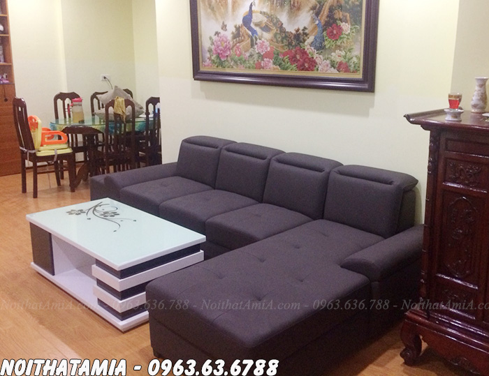 Hình ảnh sofa nỉ đẹp dạng góc chữ L thiết kế 4 chỗ kết hợp bàn trà đẹp