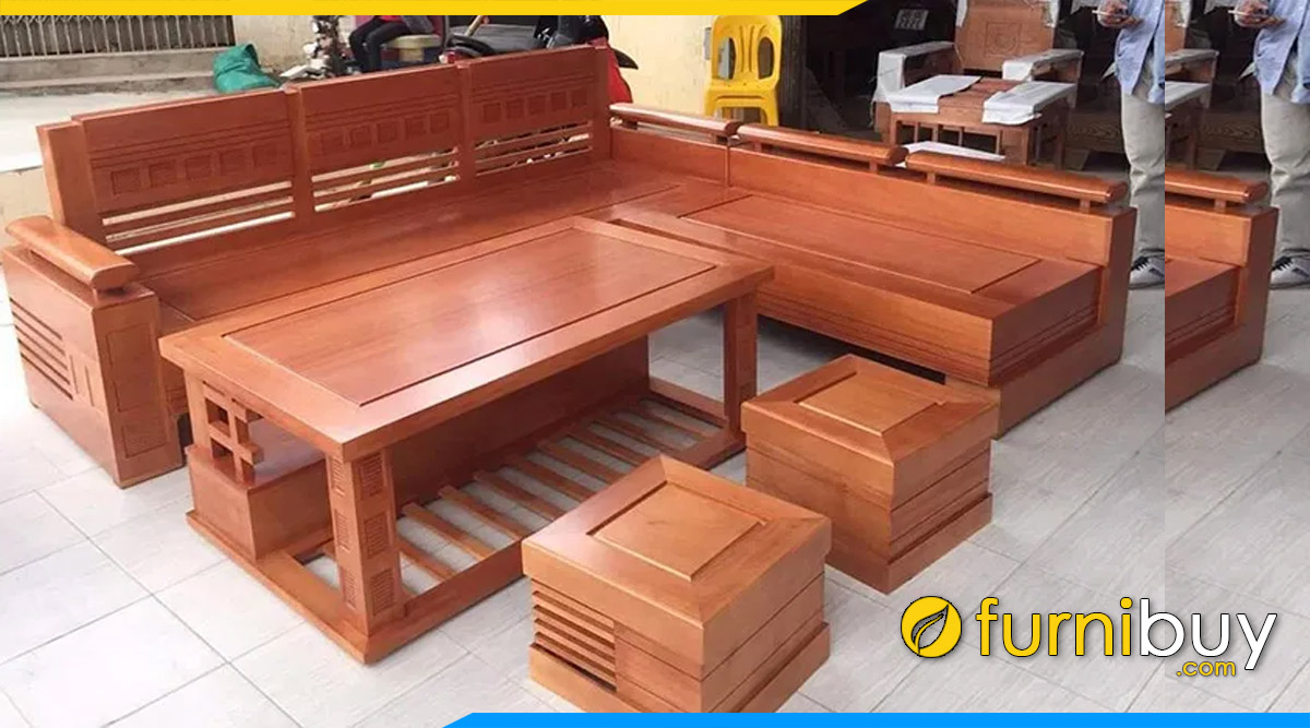 bàn ghế sofa góc chữ L làm bằng gỗ Xoan Đào với màu sắc bắt mắt