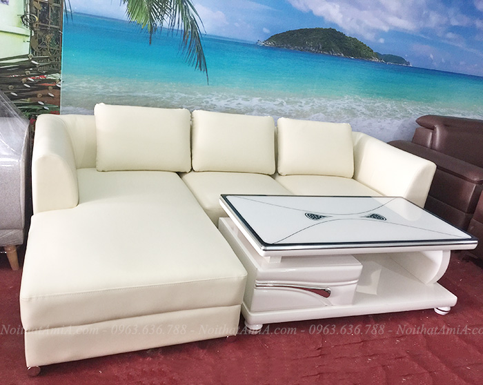 Hình ảnh Mẫu ghế sofa da chữ L đẹp hiện đại kết hợp bàn trà kính đẹp