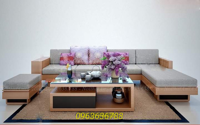 Hình ảnh Mẫu ghế sofa gỗ chữ L đẹp hiện đại và sang trọng khi thêm phần nệm mút