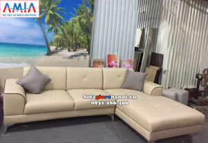 Hình ảnh sofa da góc chữ L kê phòng khách đẹp hiện đại nhà phố, nhà chung cư