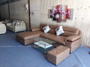 Hình ảnh ghế sofa chữ L da đẹp với gam màu nhẹ nhàng, tinh tế