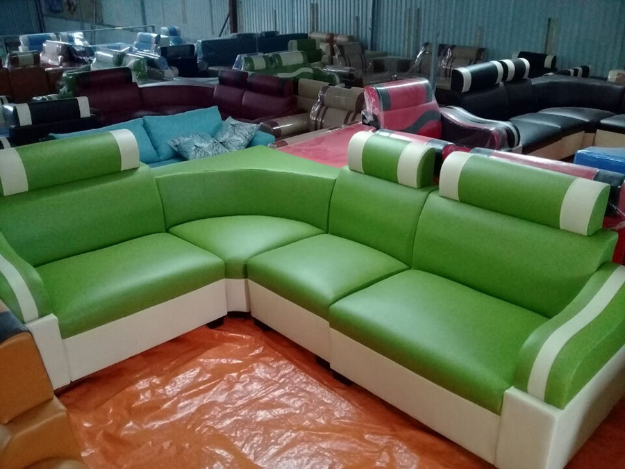 Hình ảnh cho mẫu sofa da góc giá rẻ màu xanh cốm cho không gian phòng khách đẹp