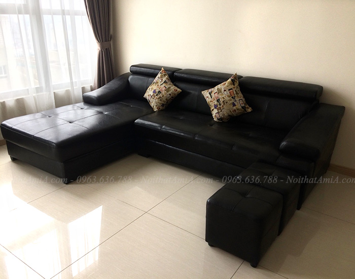 Hình ảnh Sofa da chữ  L phòng khách đẹp bài trí trong phòng khách căn hộ chung cư