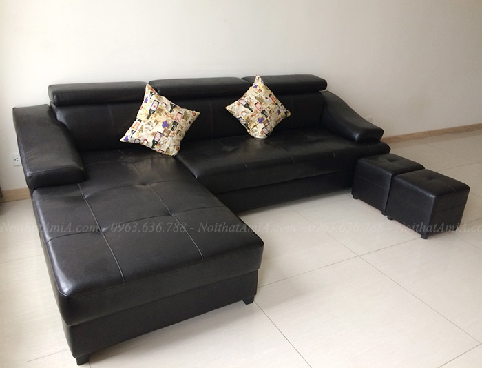 Hình ảnh Sofa da phòng khách chữ L thiết kế rút khuy kết hợp tựa đầu gật gù