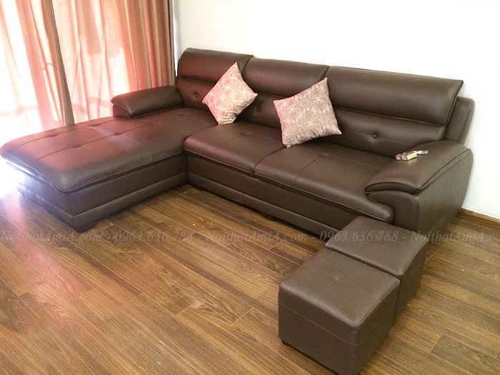 Hình ảnh Ghế sofa đẹp da góc chữ L hiện đại bài trí trong căn phòng khách đẹp gia đình