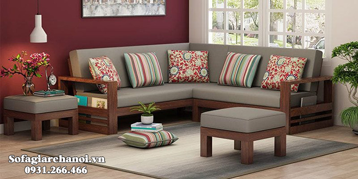 Hình ảnh Sofa gỗ góc chữ L đẹp thiết kế đệm nỉ hiện đại