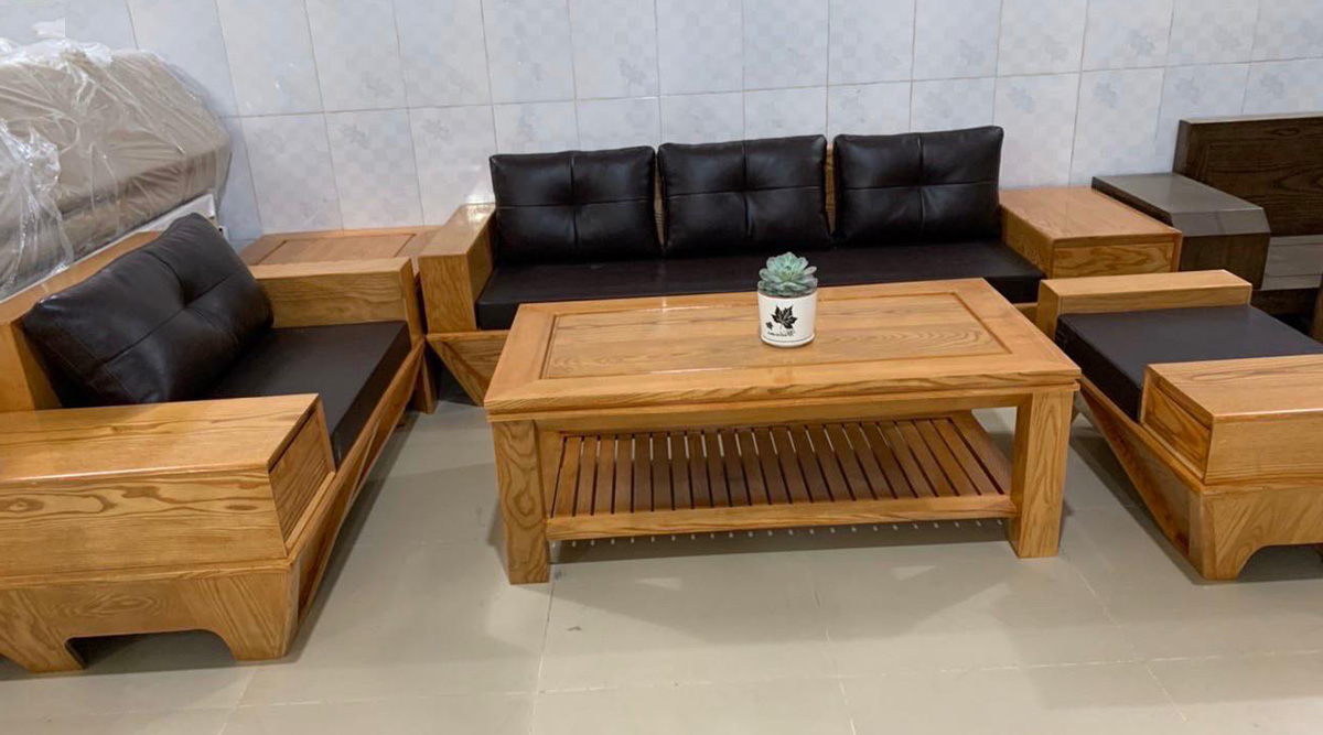 Sofa gỗ Sồi theo bộ gồm 1 văng 1 ghế chủ và ghế đơn