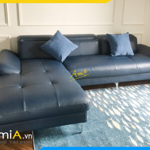 Ghế sofa góc chữ L bọc da màu xanh sang trọng kê phòng khách AmiA346