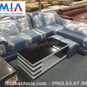 Hình ảnh cho sofa nỉ bộ góc màu xanh họa tiết hoa lá SFN068