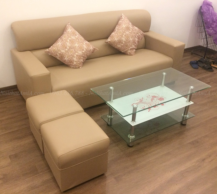 Hình ảnh Sofa văng da đẹp hiện đại kết hợp bàn trà kính đẹp AmiA SFD088